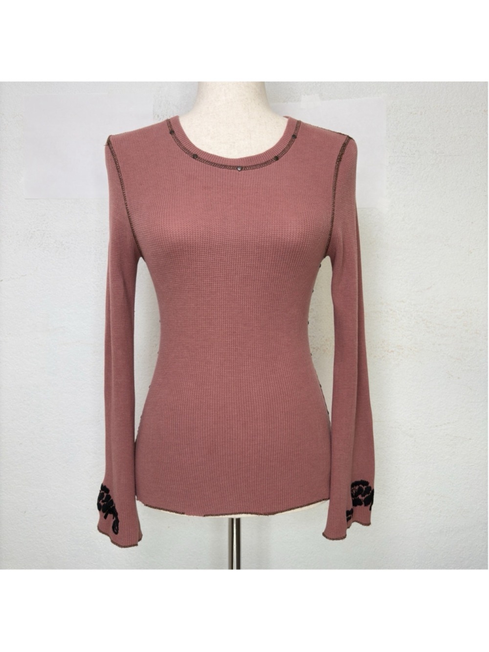 Soul Revival S Pink Honeycomb Waffle Knit Thermal Top Flare Sleeve Y2K Mal Goth